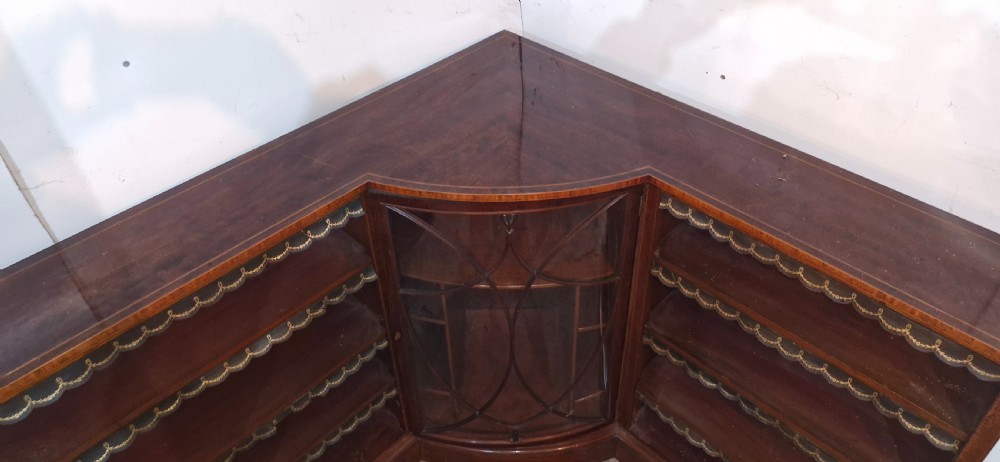 Edwardian inlaid mahogany corner bookcase. View X
