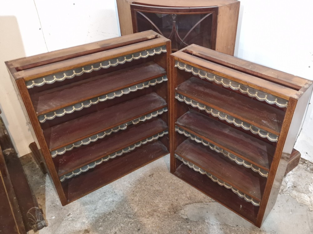 Edwardian inlaid mahogany corner bookcase. View XI