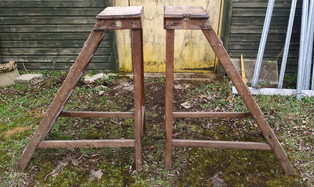 Pair of Edwardian oak library steps - missing the poles.  View X