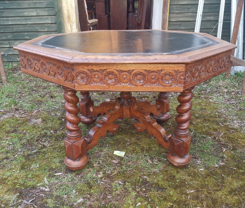 Victorian Gothic oak centre library table.
