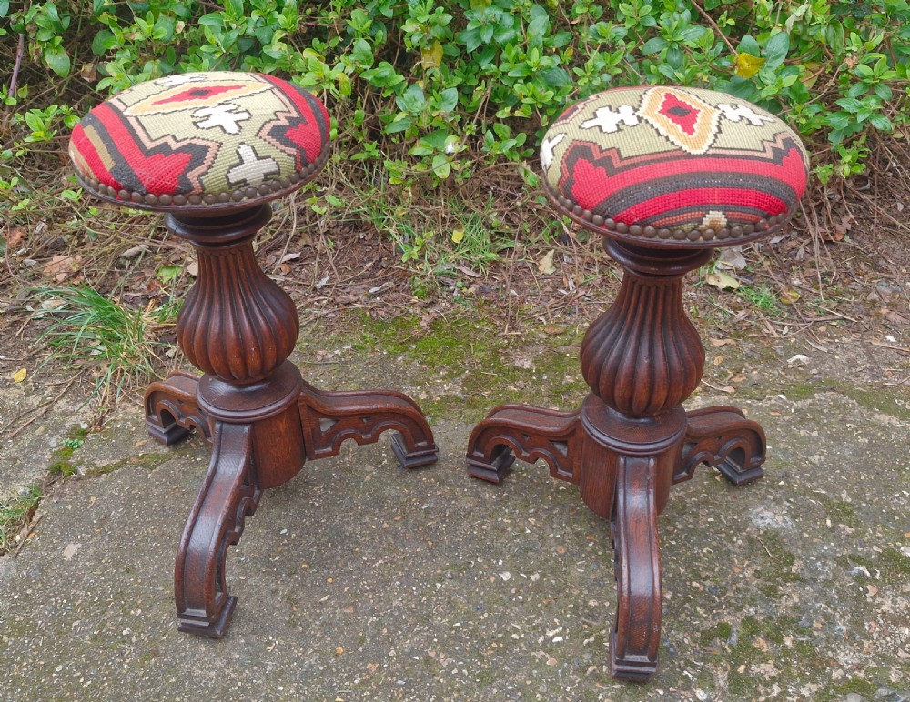 Pair of mid 19th century Gothic oak stools.