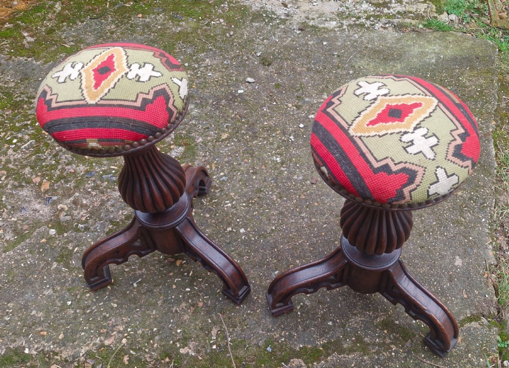 Pair of mid 19th century Gothic oak stools. View II