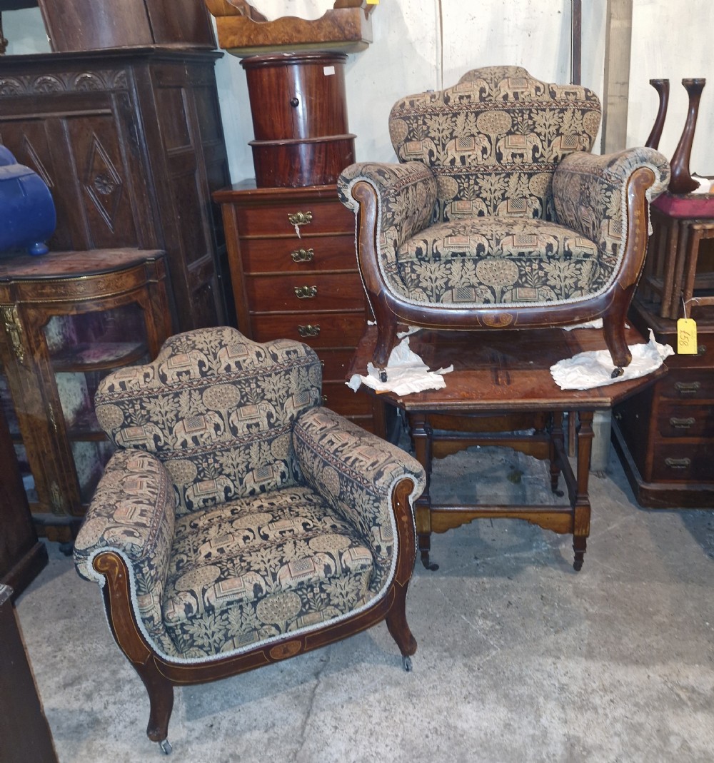 Pair of Edwardian inlaid upholstered cottage armchairs. 