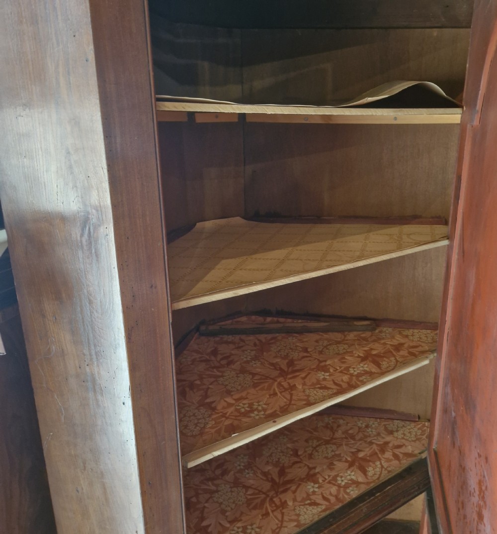 An early 18th-century floor-standing wooden corner cupboard featuring an upper door with an arched raised panel, a lower panelled door, and brass H-hinges. View VI