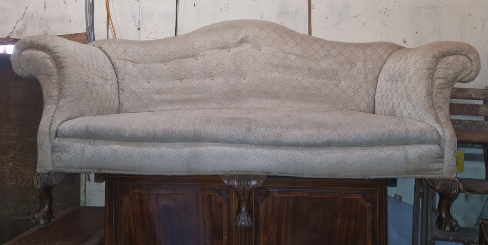 Edwardian upholstered camel Back Sofa on ball and claw feet.  View VIII