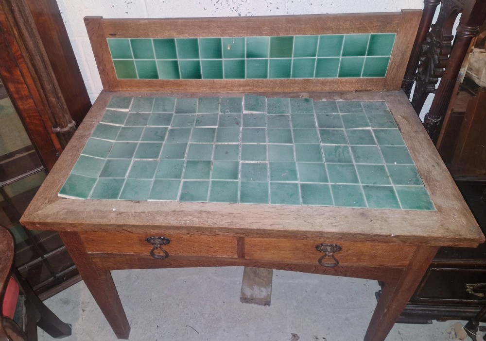 Oak arts and crafts tiled washstand in the manner of Heals. View II