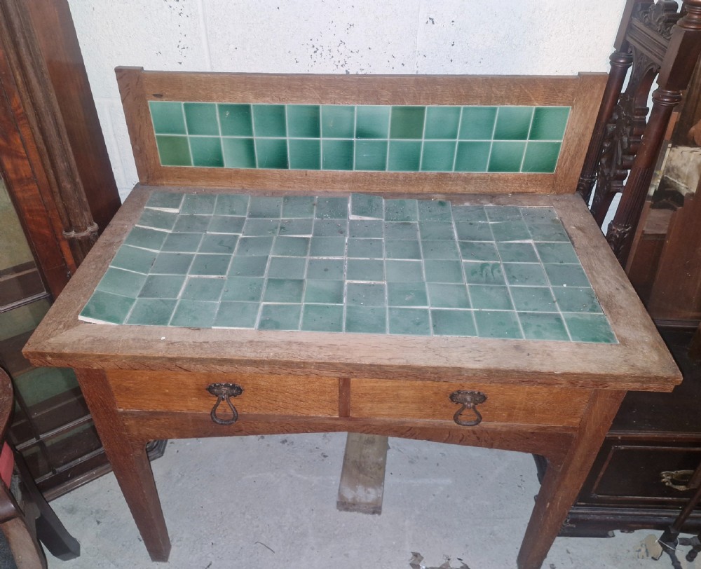 Oak arts and crafts tiled washstand in the manner of Heals. View III