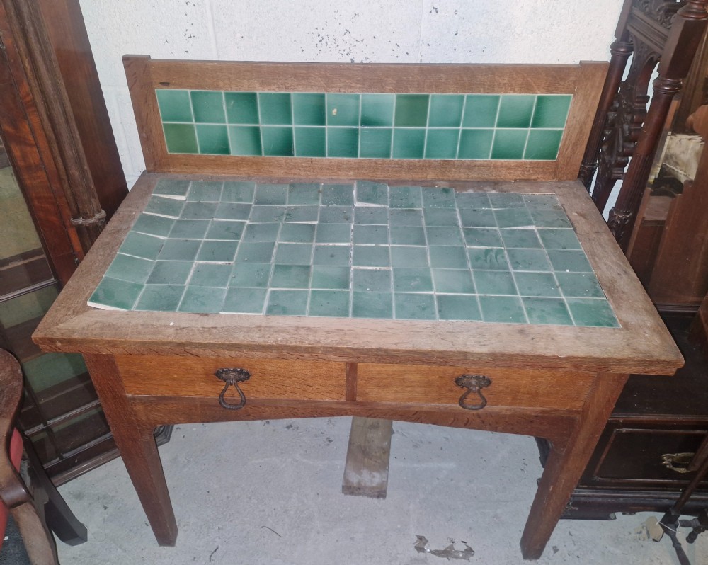 Oak arts and crafts tiled washstand in the manner of Heals. View IV