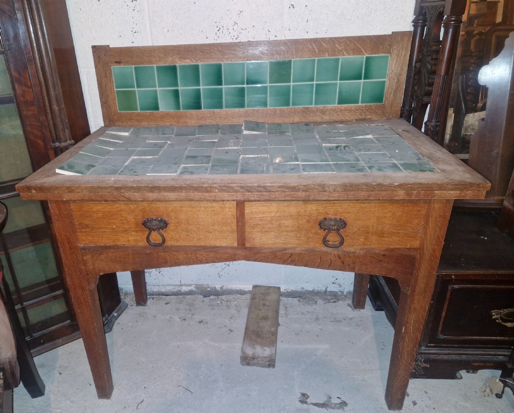 Oak arts and crafts tiled washstand in the manner of Heals. View V