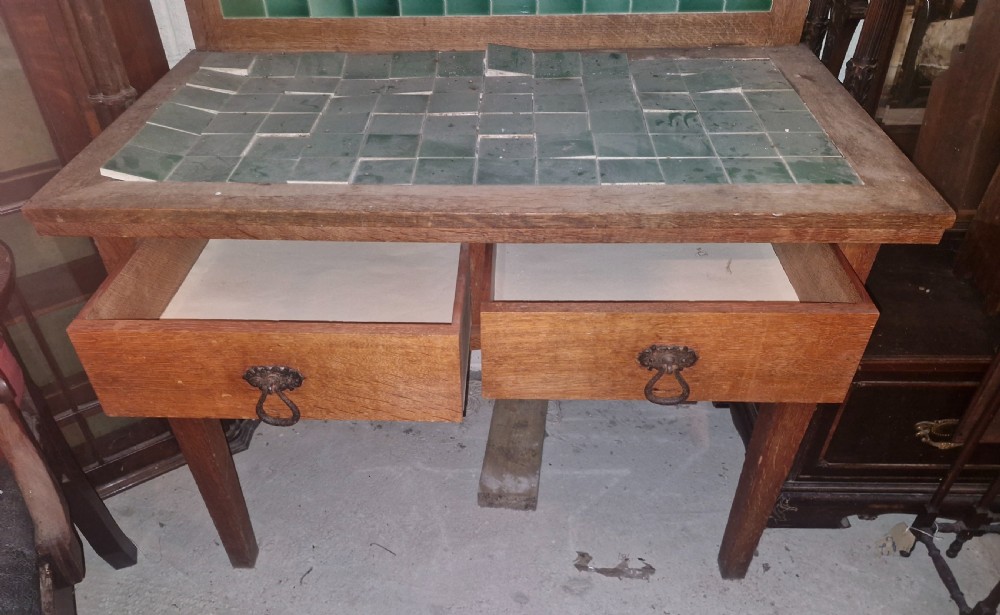 Oak arts and crafts tiled washstand in the manner of Heals. View VI