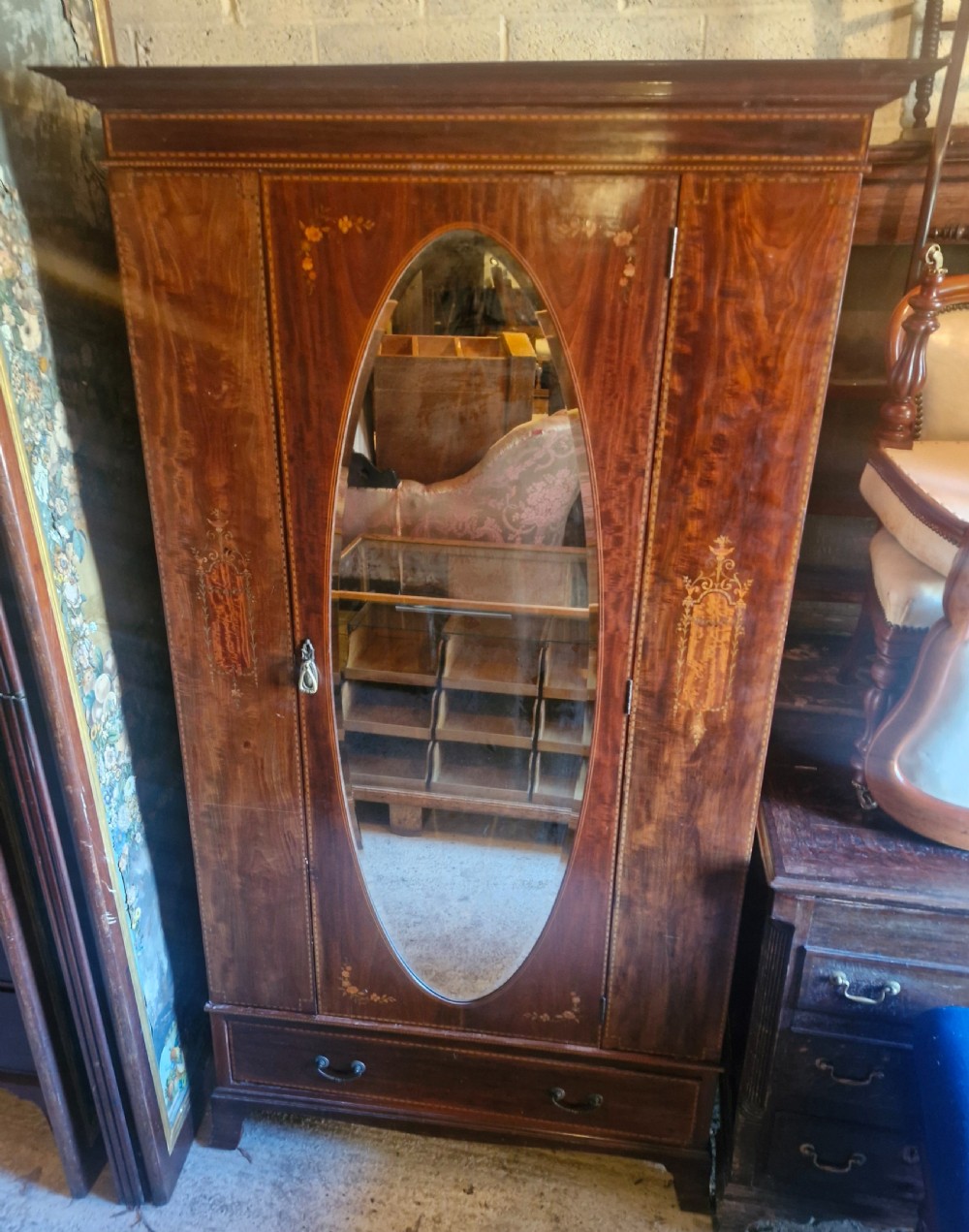 Edwardian inlaid mahogany single wardrobe by Heals Ltd London.  View II