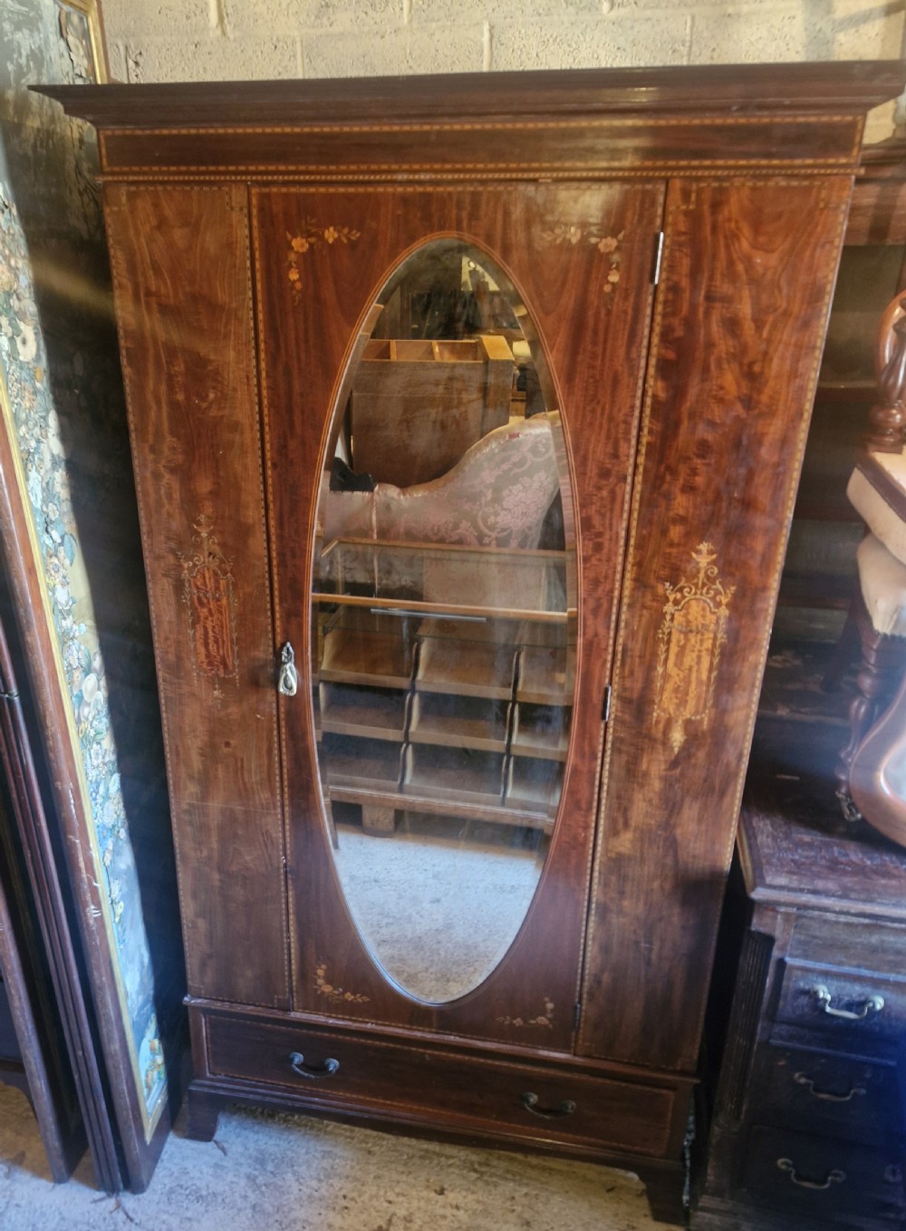 Edwardian inlaid mahogany single wardrobe by Heals Ltd London.  View III