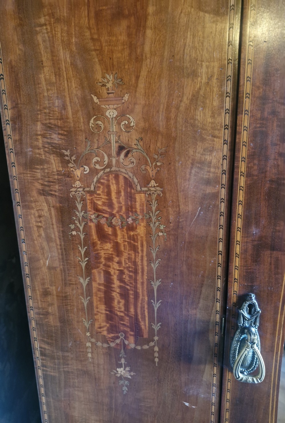 Edwardian inlaid mahogany single wardrobe by Heals Ltd London.  View IX