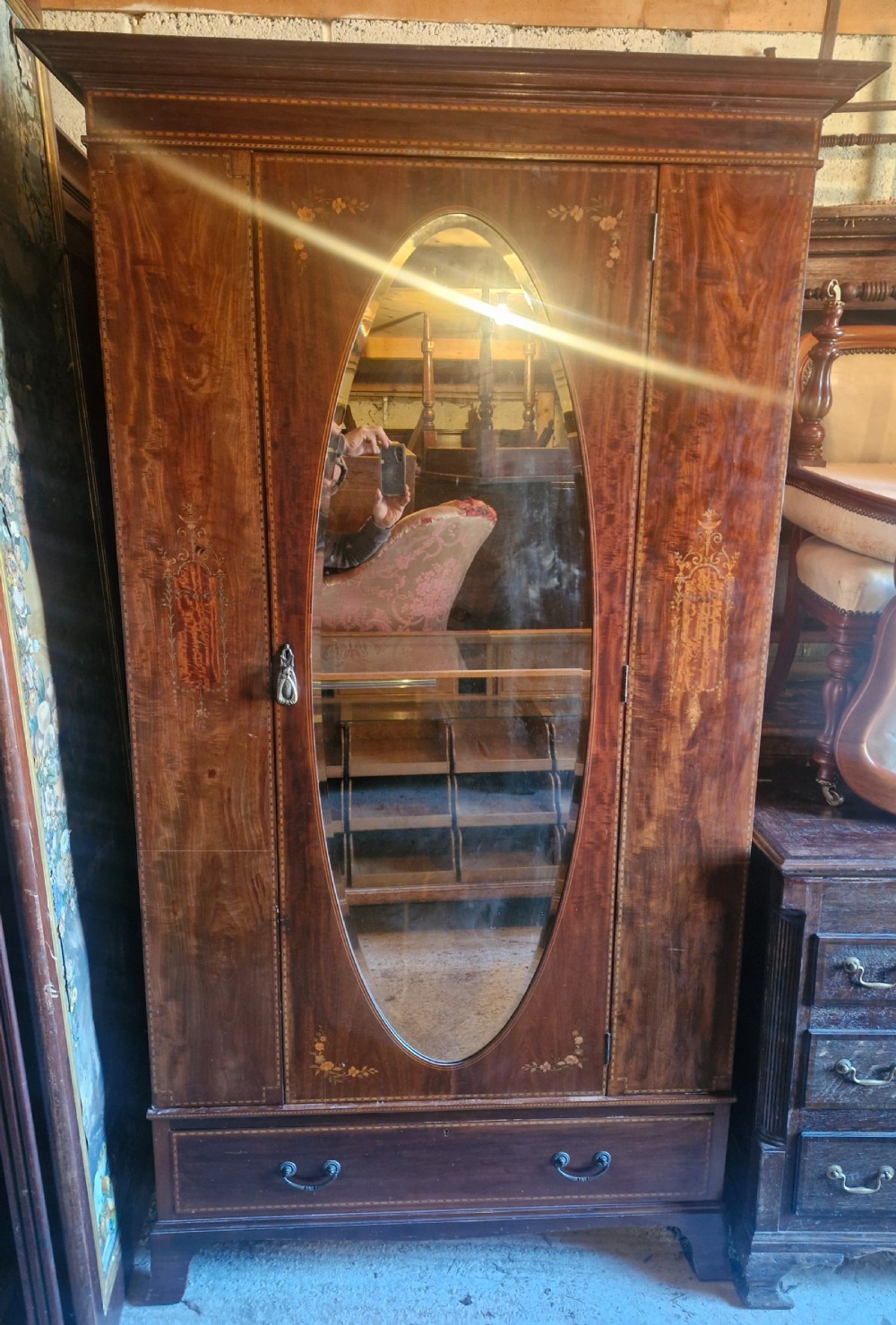 Edwardian inlaid mahogany single wardrobe by Heals Ltd London.  View XII