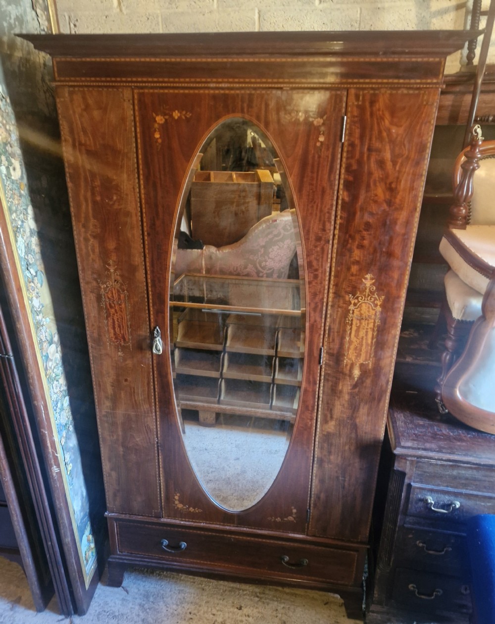 Edwardian inlaid mahogany single wardrobe by Heals Ltd London.  View XV