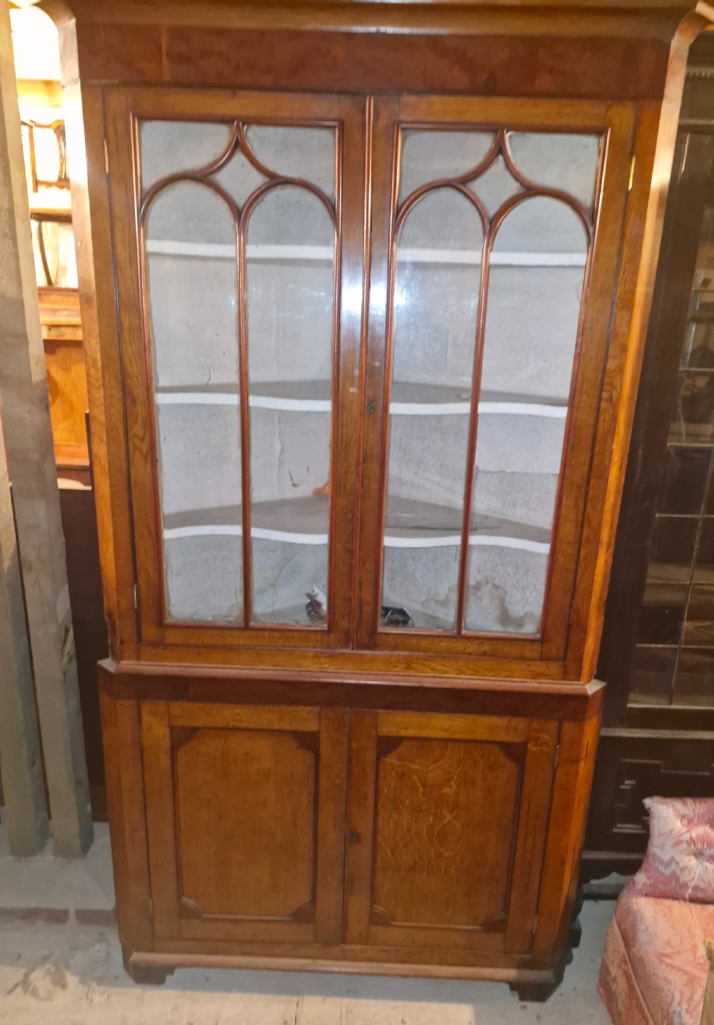 An early Victorian floor-standing Welsh corner cupboard crafted in oak and mahogany, featuring astragal glazed upper doors and solid panelled lower doors. View VII