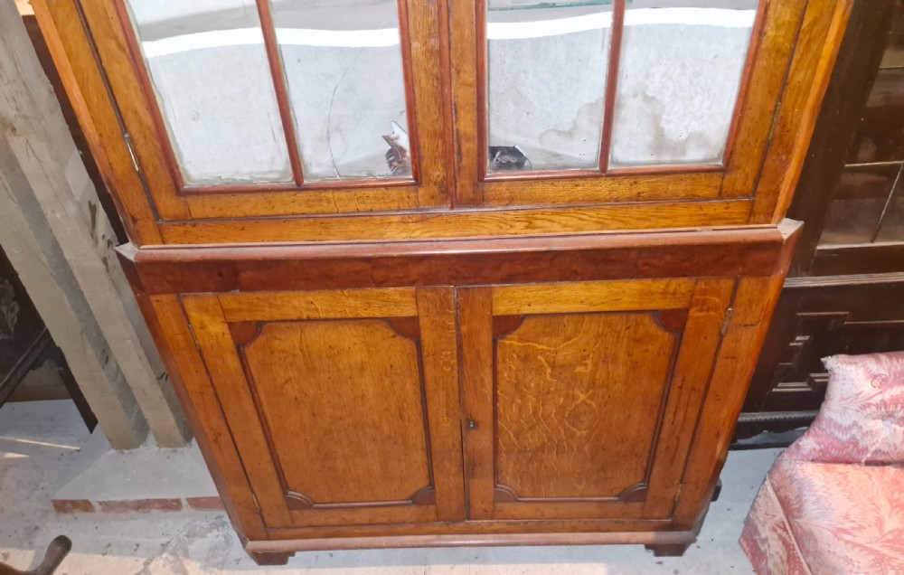 An early Victorian floor-standing Welsh corner cupboard crafted in oak and mahogany, featuring astragal glazed upper doors and solid panelled lower doors. View VIII
