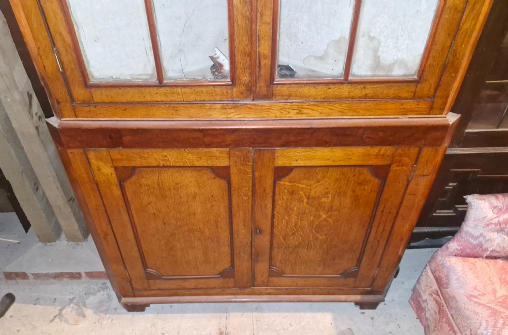 An early Victorian floor-standing Welsh corner cupboard crafted in oak and mahogany, featuring astragal glazed upper doors and solid panelled lower doors. View IX