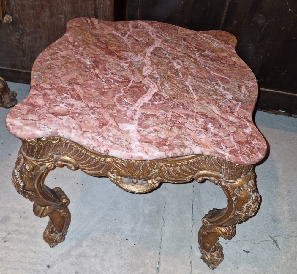 Marble top carved gilt wood occasional table.  View II