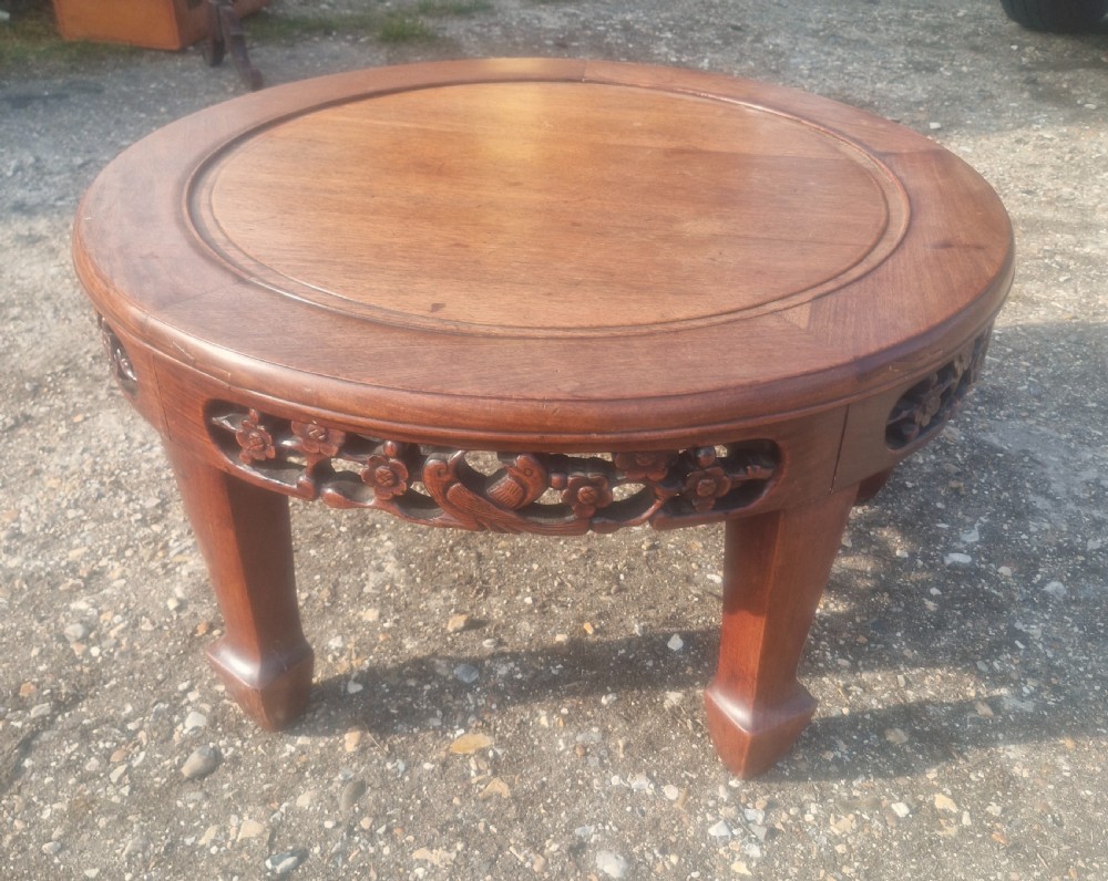 A low circular Chinese hardwood coffee table featuring an intricately carved openwork floral apron and curved legs. View IV