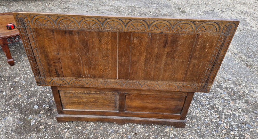Carved oak box seat monks bench  View III