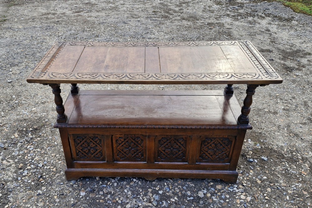Carved oak box seat monks bench  View V