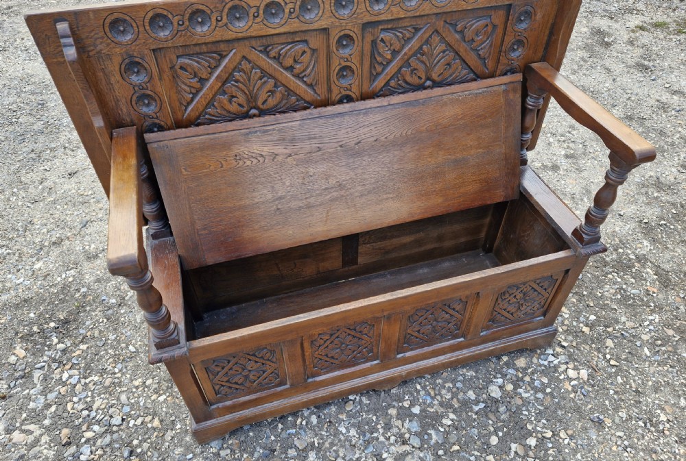 Carved oak box seat monks bench  View VI