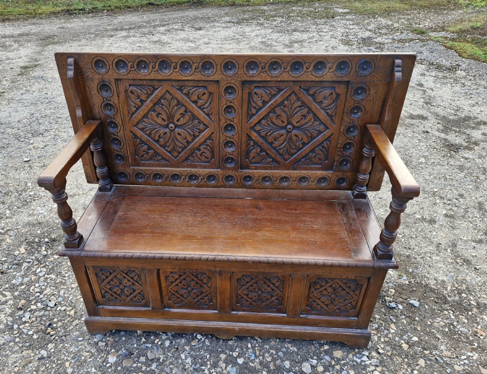 Carved oak box seat monks bench  View VII