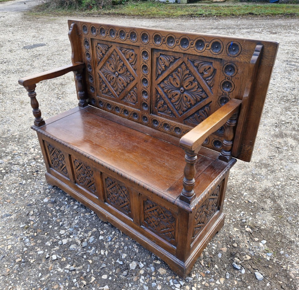 Carved oak box seat monks bench  View VIII