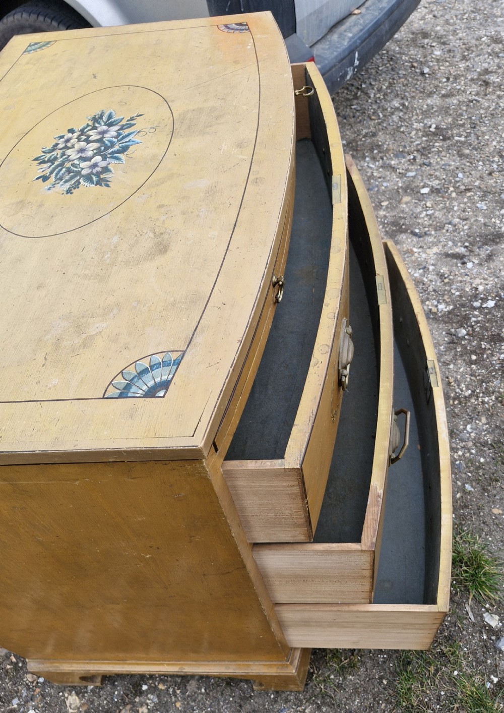 Pretty original painted bow front chest with brushing slide. View VI