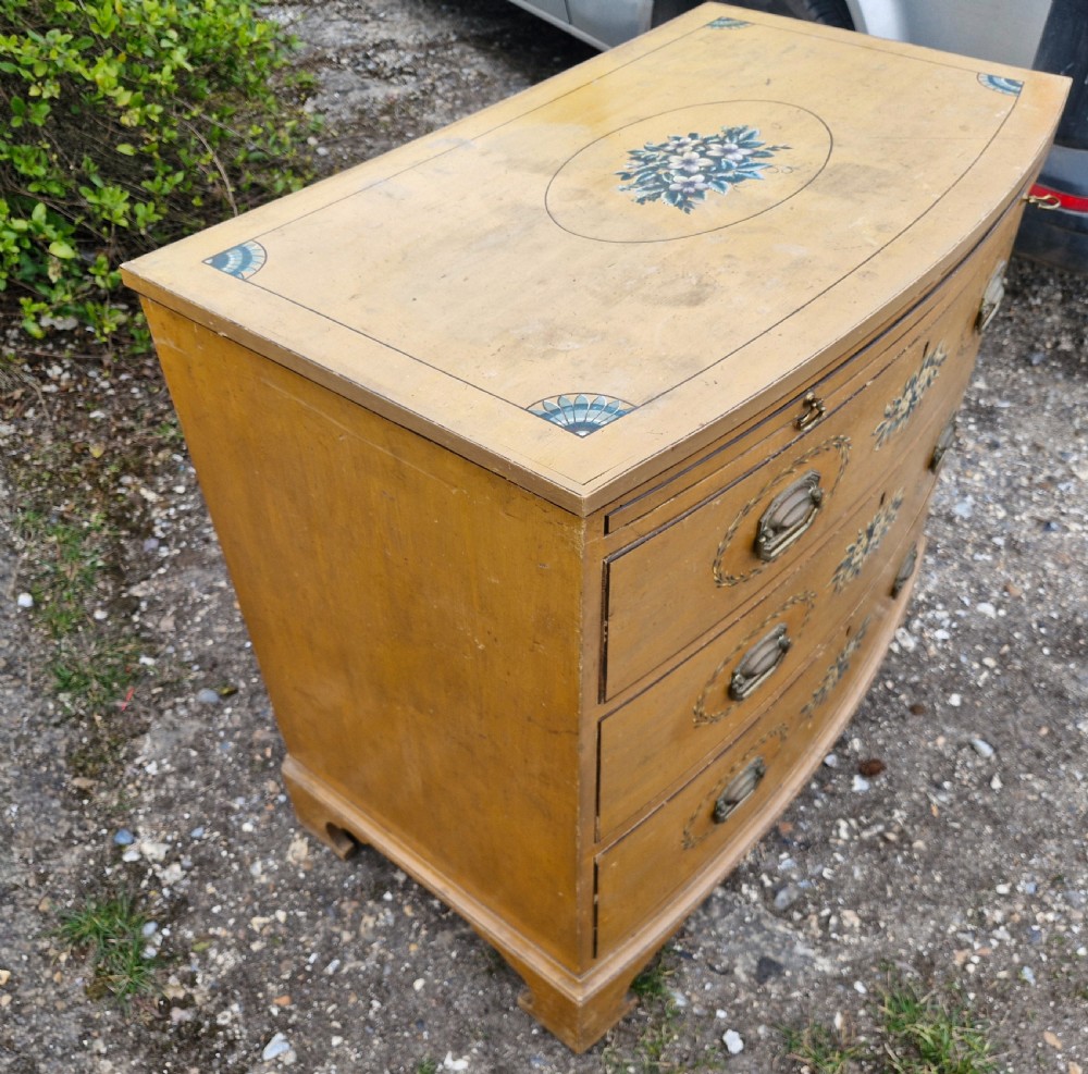 Pretty original painted bow front chest with brushing slide. View VIII