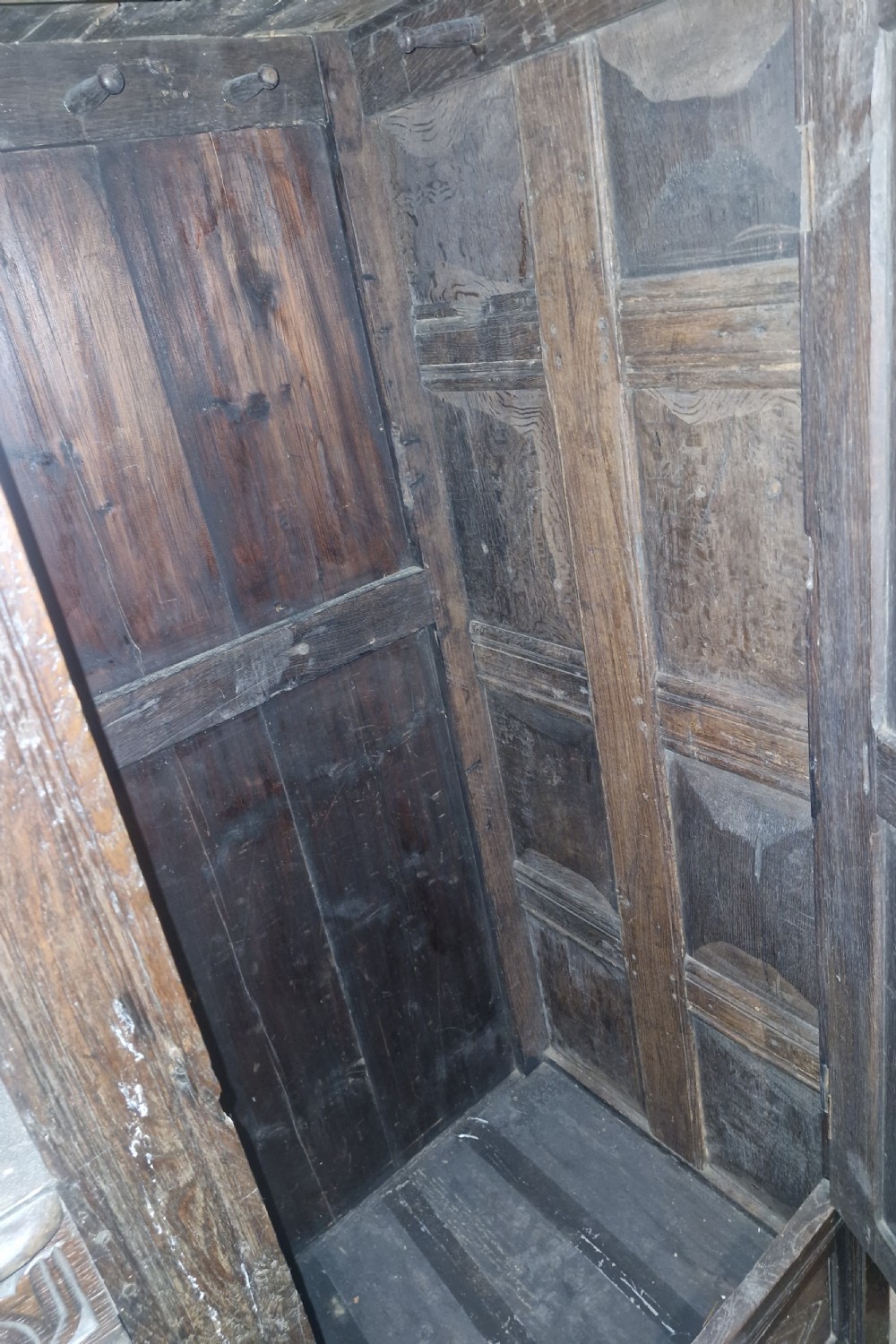 Useful antique carved oak county house hall or boot room cupboard.  View XIII