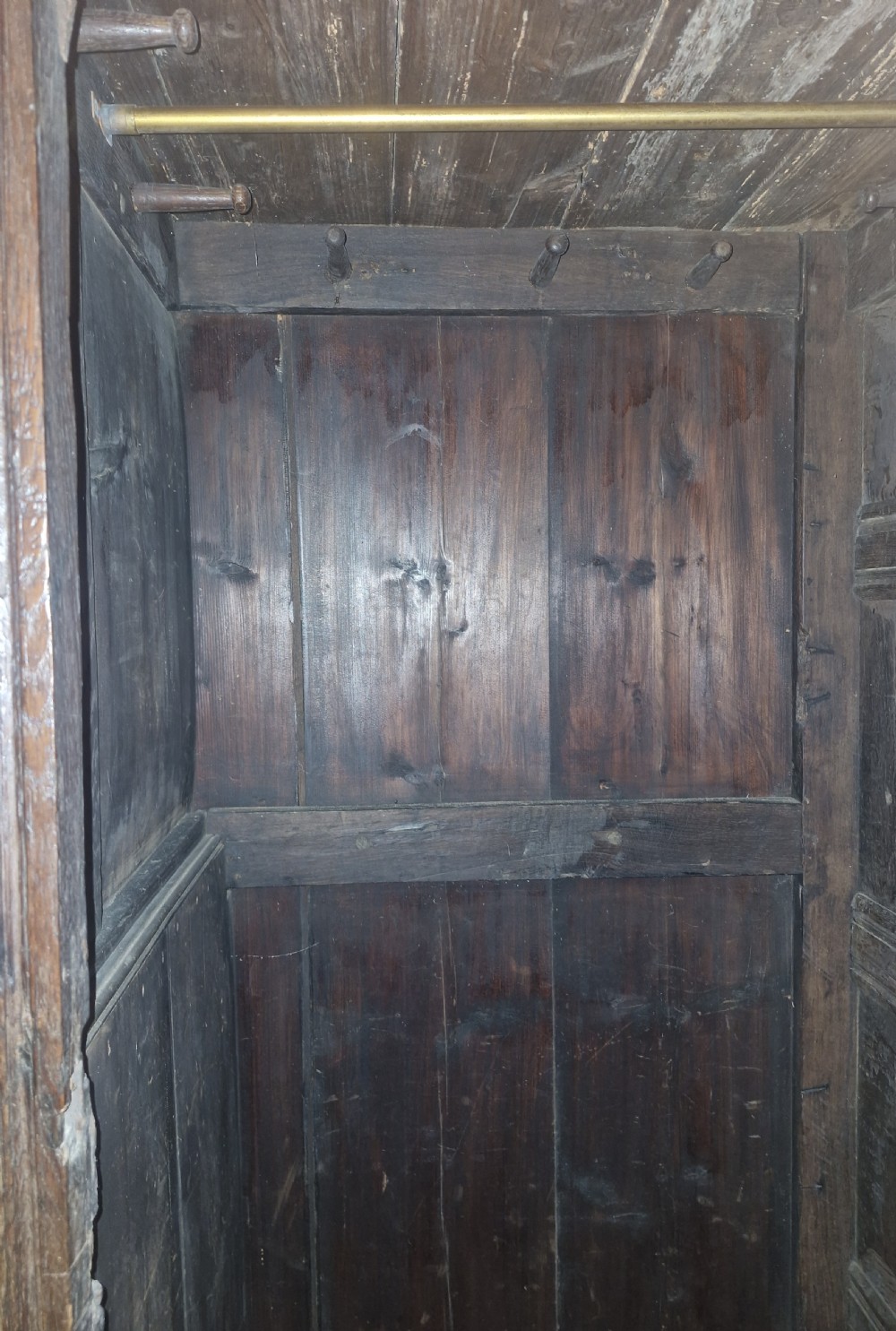 Useful antique carved oak county house hall or boot room cupboard.  View XIV