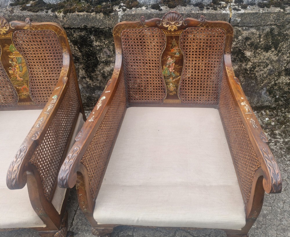 Pair of walnut and lacquered bergere armchairs.  View III