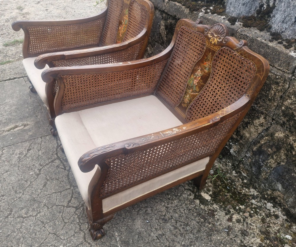 Pair of walnut and lacquered bergere armchairs.  View IV