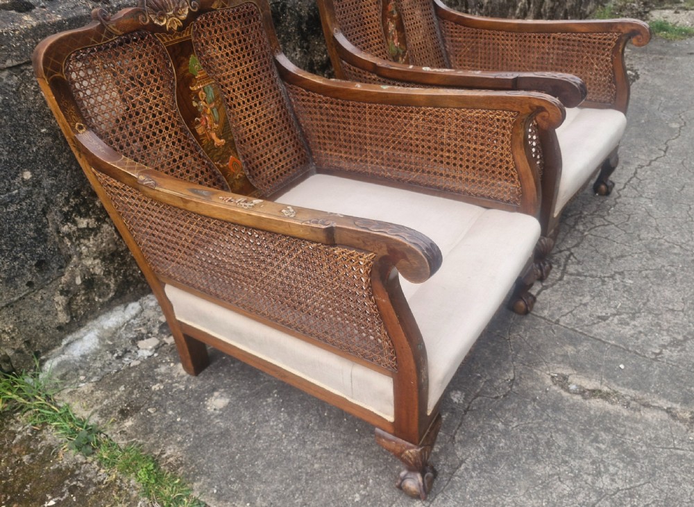 Pair of walnut and lacquered bergere armchairs.  View VI