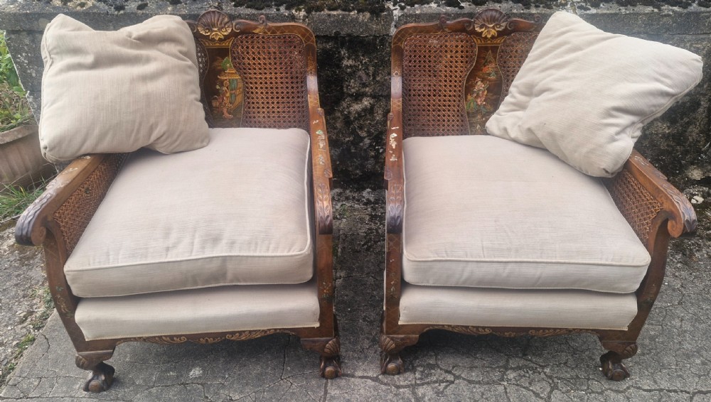 Pair of walnut and lacquered bergere armchairs.  View VIII