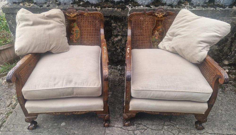 Pair of walnut and lacquered bergere armchairs.  View IX