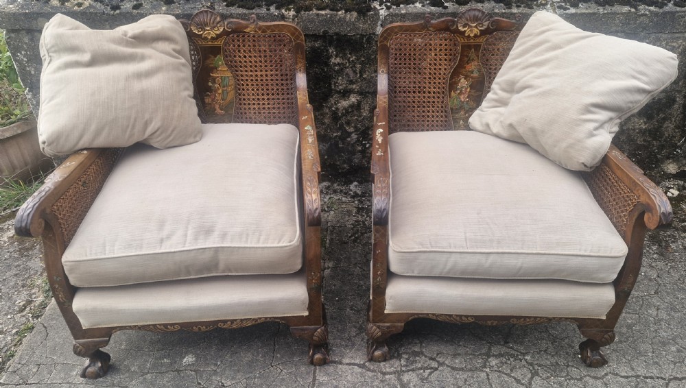 Pair of walnut and lacquered bergere armchairs. 
