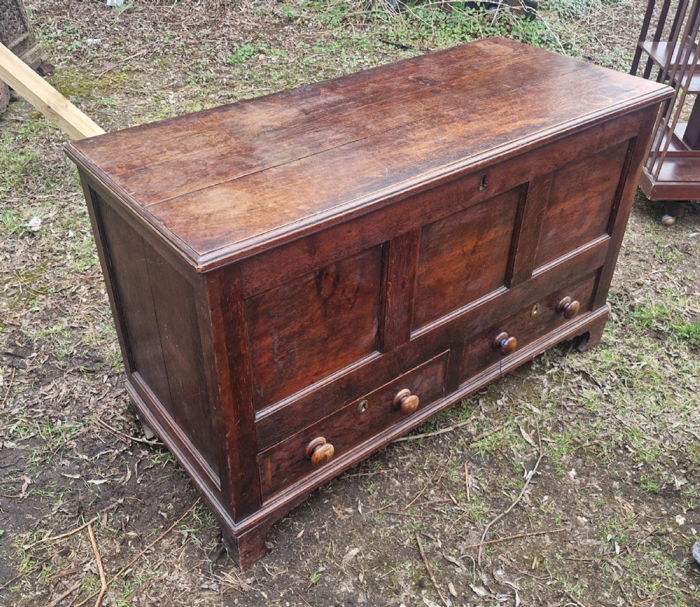 A late Georgian dark oak mule chest featuring a hinged top lid, three front panels, two lower drawers with turned wooden knobs, and bracket feet. View III