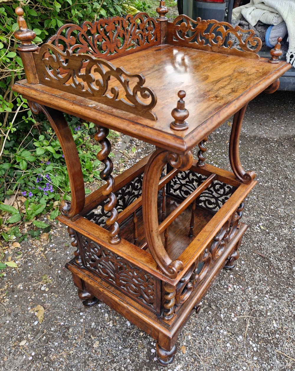 Early Victorian rosewood Canterbury whatnot.  View III