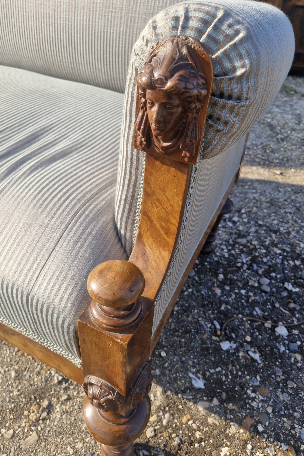 Walnut framed upholstered hall sofa. View III