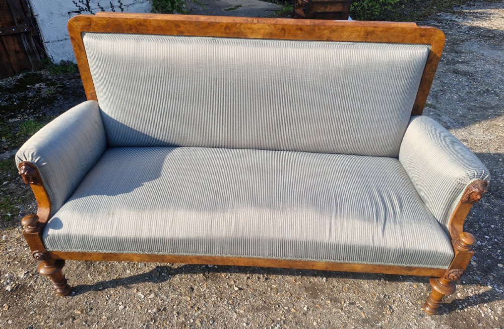 Walnut framed upholstered hall sofa. View V