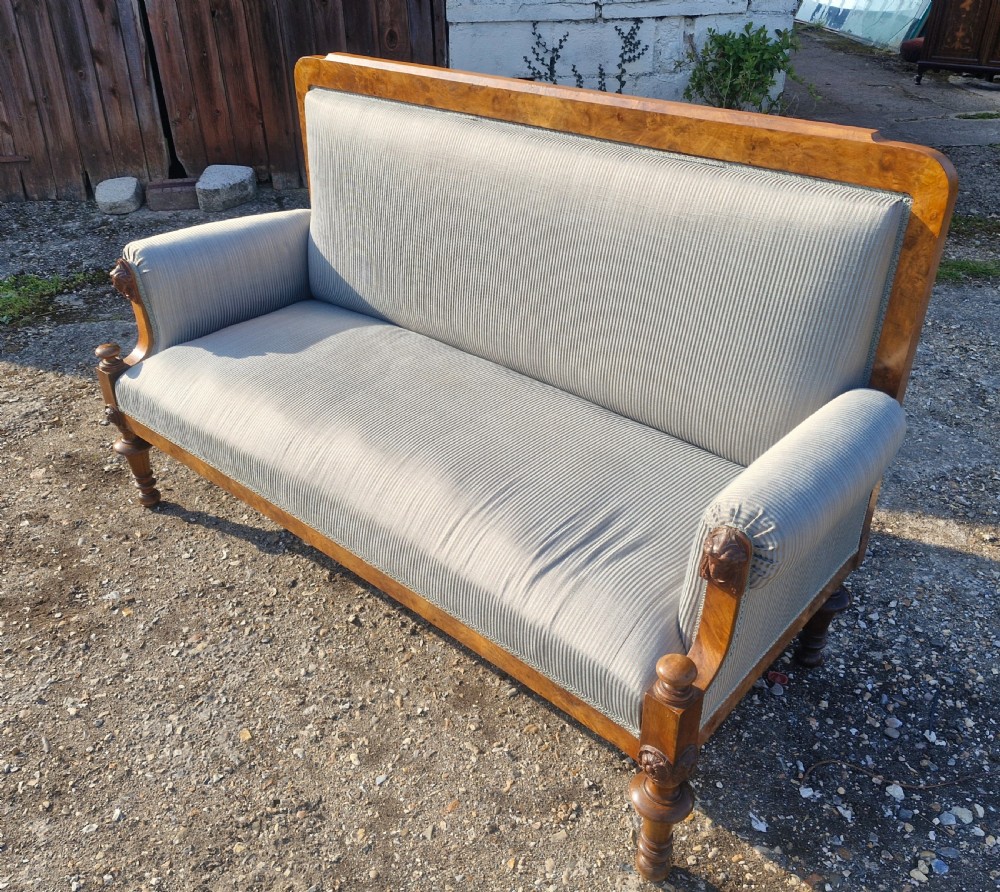 Walnut framed upholstered hall sofa. View VI