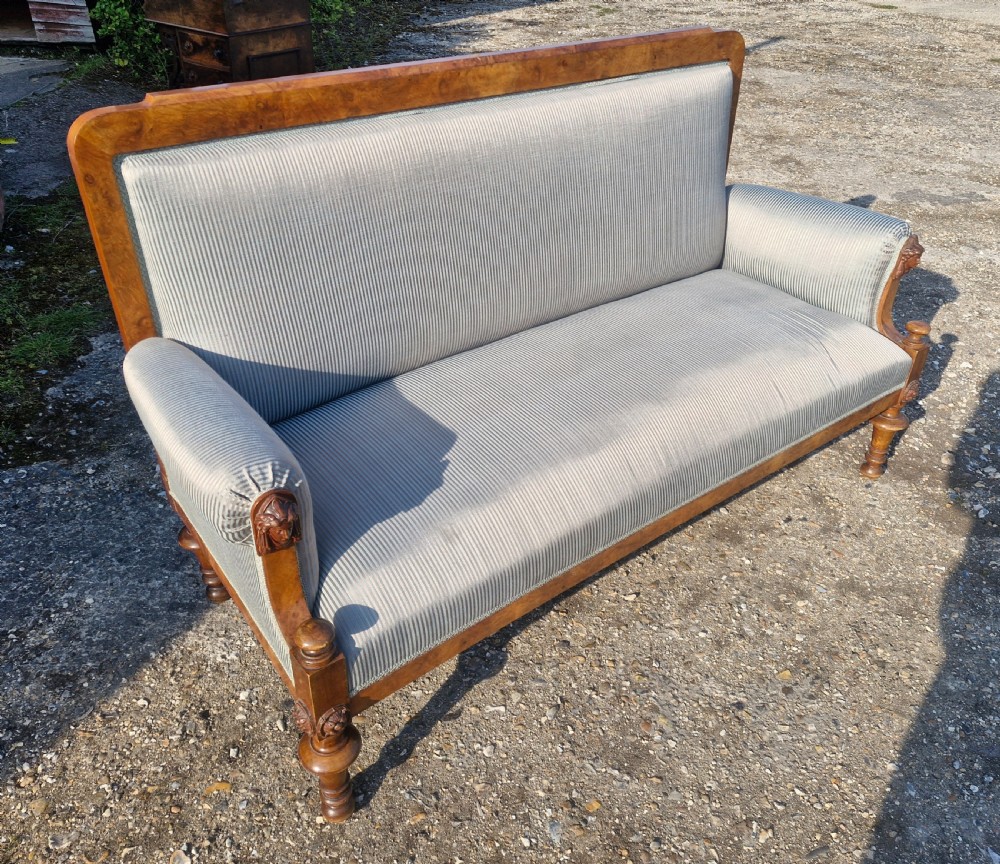Walnut framed upholstered hall sofa. View IX