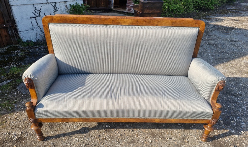 Walnut framed upholstered hall sofa. View X