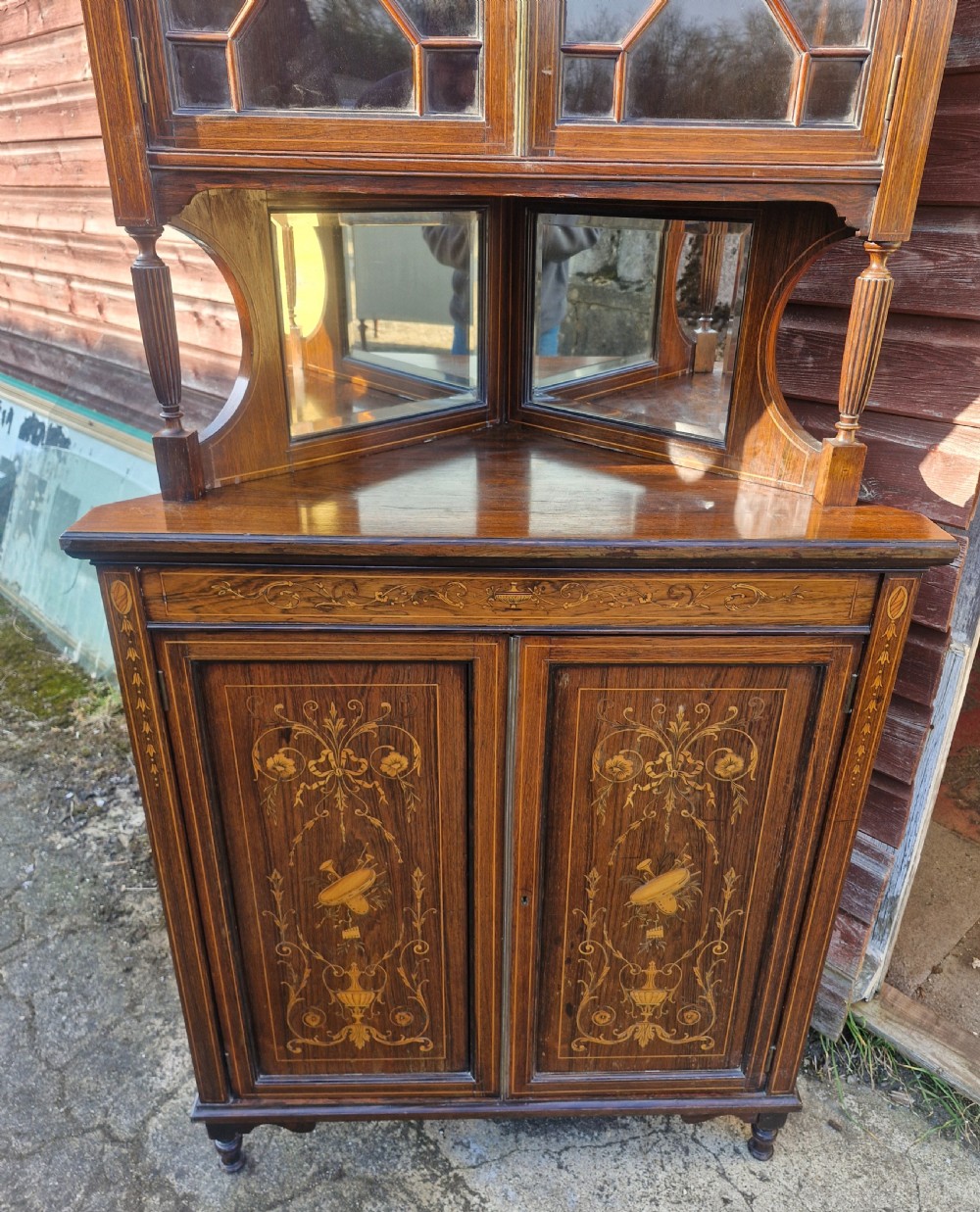 Late Victorian inlaid rosewood corner cabinet.  View VI