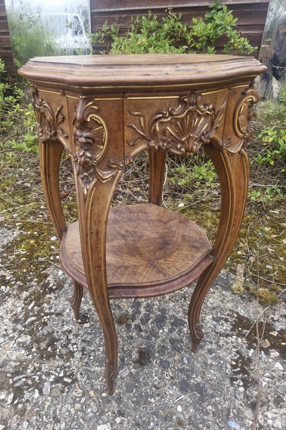 Late 19th century walnut and gilt heightened 2 tier table.  View III