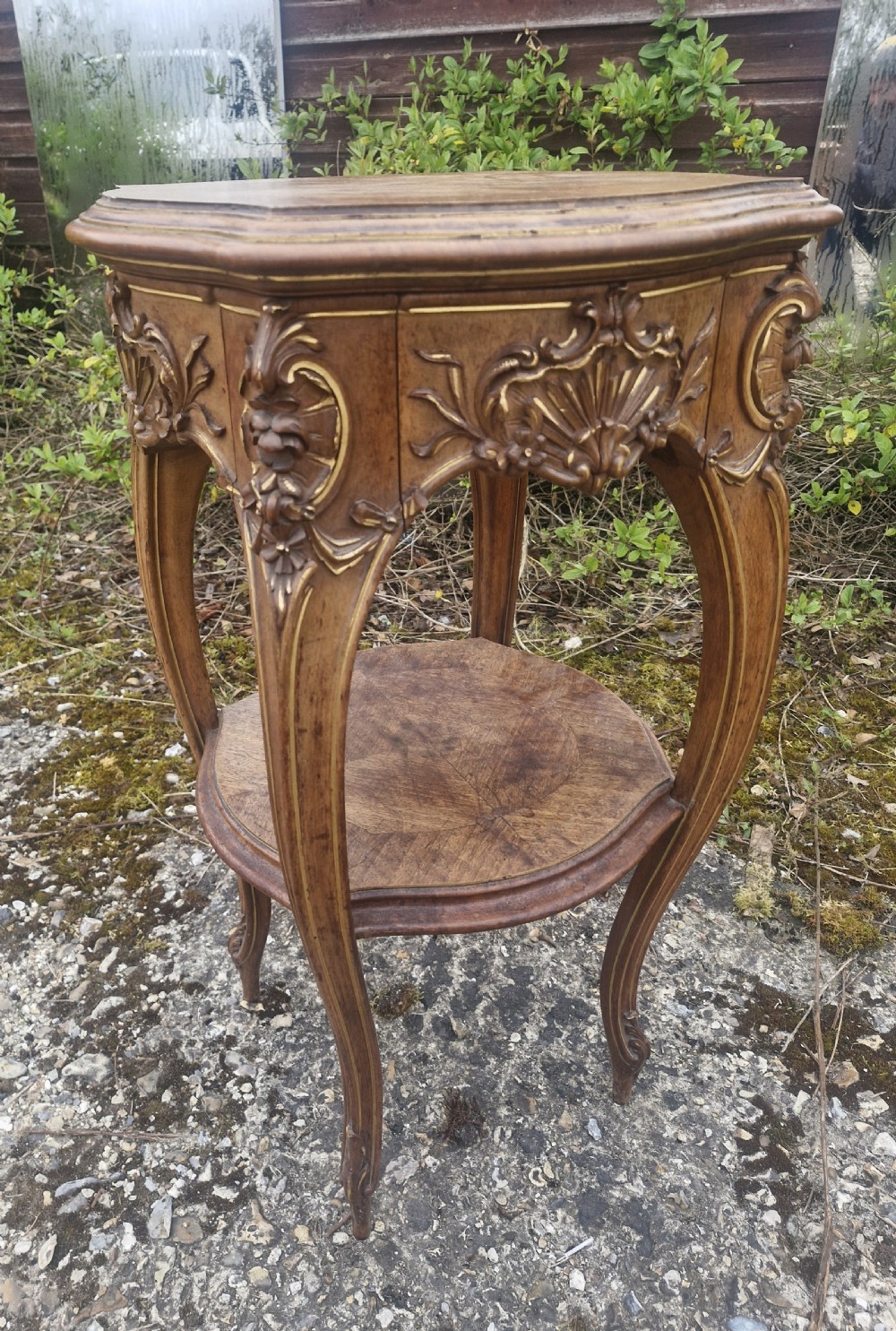 Late 19th century walnut and gilt heightened 2 tier table.  View V