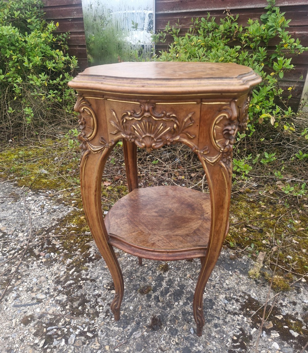 Late 19th century walnut and gilt heightened 2 tier table.  View VIII